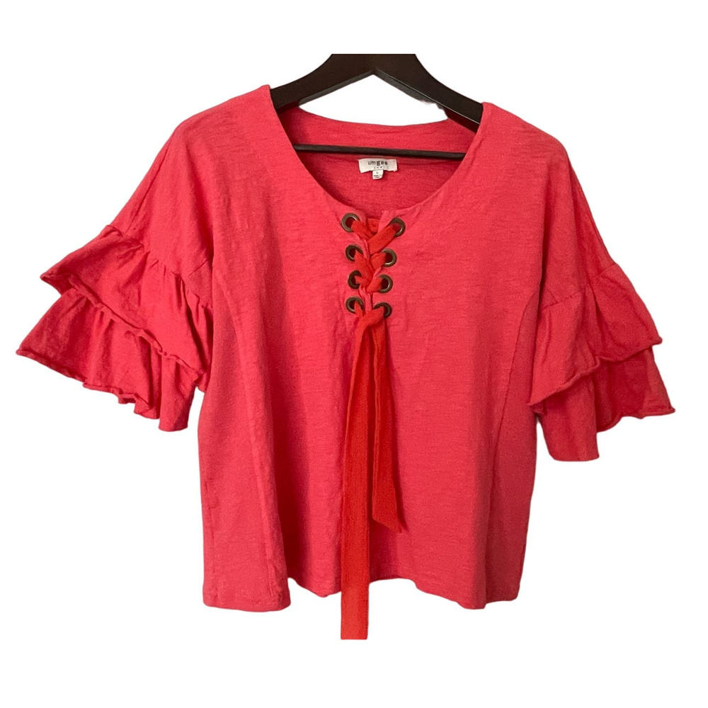Umgee‎ A4123 Pink Lace Up Ruffle Sleeve Blouse Size Large
